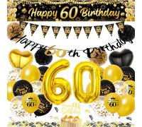 Xietaea Décoration 60e anniversaire homme femme - Noir doré 60 ans Décoration d'anniversaire Ballons Happy Birthday Guirlande Décoration de gâteau Longue Bannière et Pompon en papier pour 60e
