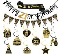 Xietaea Décoration d'anniversaire 21 ans Homme Femme - 21e anniversaire Décoration Happy Birthday Guirlande tourbillons suspendus, écharpe noire et dorée et fanion pour décoration de fête