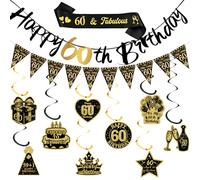 Xietaea Décoration d'anniversaire 60 ans homme femme - 60e décoration d'anniversaire Happy Birthday Guirlande tourbillons suspendus, écharpe noire et dorée et fanion pour décoration de fête