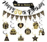 Xietaea Décoration d'anniversaire 80 ans homme femme - 80e anniversaire Décoration Happy Birthday Guirlande tourbillons suspendus, écharpe noire et dorée et fanion pour décoration de fête