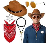 Xietaea Ensemble d'accessoires de cowboy pour homme et femme - 5 accessoires de gilets sauvages avec chapeau de shérif - Bandana cachemire - Cravate bolo pour carnaval, fête à thème, carnaval, fête