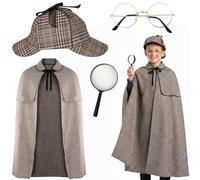 Xietaea Sherlock Holmes Lot de 4 accessoires de costume de détective pour enfants avec cape, chapeau, lunettes et loupe, accessoires de cosplay pour Halloween, carnaval, fête, garçons et filles
