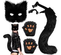 XIEXIESHER 3 Pièces Masque Renard Set, Masque à fourry Fox Tail Thérian Paws, Fausse Fourrure Fox Tail Cat Wolf Cosplay Costume Set Halloween Christmas Cosplay D'animal Accessoire(Noir)