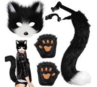 XIEXIESHER 3 Pièces Masque Renard Set, Masque à fourry Fox Tail Thérian Paws, Fausse Fourrure Fox Tail Cat Wolf Cosplay Costume Set Halloween Christmas Cosplay D'animal Accessoire(Noir et Blanc)