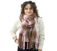 Xifrika Foulard Femme Hiver XXL 248 x 39 cm à Carreaux Rose et Marron - Écharpe douce et chaude - 100 % Polyester avec Franges - Très Grand Format - Usage Quotidien