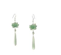 XIGAWAY Boucles d'oreilles pendantes en forme de fleur de lotus avec pompons, style asiatique, vert et rose, en alliage galvanisé, pour femme, design floral élégant, Small, Métal, Pas de gemme