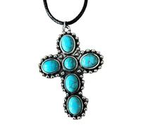 XIGAWAY Collier avec pendentif croix turquoise, collier ras du cou en alliage d'argent antique avec cordon en cuir, 53,3 cm, bijoux vintage artistiques, collection printemps 2025