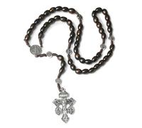 XIGAWAY Collier croix avec perles en bois, collier style chapelet en bois marron, 27 g, collier de style chapelet, 41-50 cm, fait à la main, pendentif unisexe en alliage de zinc, perles de 8 x 10 mm