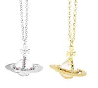 XIGAWAY Collier vintage Saturne - Pendentif en alliage 3D avec détails en oxyde de zirconium, chaîne longue en or et argent pour femme, 1, Métal, Pas de gemme