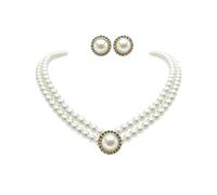 XIGAWAY Ensemble collier et boucles d'oreilles en perles de verre pour femme, collier ras du cou double couche, style coréen, cadeau de mariage blanc