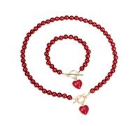 XIGAWAY Ensemble collier et bracelet en perles synthétiques en forme de cœur pour femme, coffret cadeau assorti rouge et blanc, One Size, Perle d'imitation, Pas de gemme