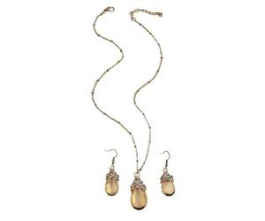XIGAWAY Ensemble de boucles d'oreilles et collier en forme de goutte d'eau pour femme, pendentif vintage en alliage de verre avec chaîne croix, ensemble de bijoux de style bohème jaune