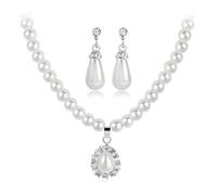 XIGAWAY Parure boucles d'oreilles et collier en perles - Bijoux de mariée en forme de larme avec strass, pendentif cœur/goutte/cloche en alliage (46 cm + 2,8 cm, 20 g)