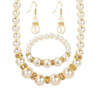 XIGAWAY Parure de bijoux 3 pièces avec collier, boucles d'oreilles et bracelet style coréen pour femme 41-50 cm, Small, Perle d'imitation, Pas de gemme
