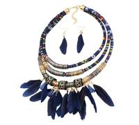 XIGAWAY Parure de bijoux à franges en plumes pour femme, collier et boucles d'oreilles géométriques en alliage noir et bleu roi, Small, Métal, Pas de gemme