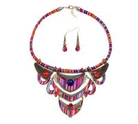 XIGAWAY Parure de bijoux ethniques bohème pour femme, boucles d'oreilles et collier à motif géométrique avec strass et cordon en tissu (rouge, vert, bleu)