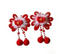 XIGAWAY Pinces à cheveux pour enfants du Nouvel An chinois - Barrettes de style traditionnel avec pompons moelleux, paire de personnages lapin/rose/fu, nœud rouge, 3 à 10 ans et plus (lapin)