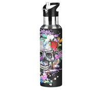 Xigua Ascent Bouteille d'eau de 600 ml avec couvercle à paille anti-fuite, en acier inoxydable, motif tête de mort, portable, isolation sous vide, pour le sport, les voyages et la tasse à café