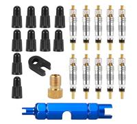XIHIRCD Kit Réparation Noyau Valve, 10pcs Noyaux Valve et 10pcs Bouchons Valve avec Clé Démonte-Joint Laiton Kit Remplacement Noyau Valve Vélo Facile à Remplacer