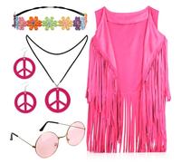 XIHIRCD Tenue des Années 70 Femme, Comprenant un Débardeur à Franges Sans Manches, des Boucles d'Oreilles, un Collier, un Bandeau, des Lunettes de Soleil Vintage un Gilet à Franges (M, Rose)
