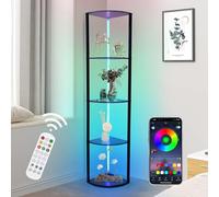 XIIW Lampadaire sur Pied Salon avec Étagères, Étagère d'angle Debout avec Lampe RGB LED, 5 Niveaux Bibliothèque d'angle Bois Via l'application et la télécommande, 6 températures de Couleur 2700-6500K
