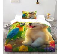 XIKMLSID Chiot Perroquet Parure De Lit 2 Pièces,en Microfibre,Animaux Mignons 3D,avec Fermeture Éclair Taie d'oreiller,Doux Et Confortable Single（135x200cm）