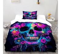 XIKMLSID Fleurs du crâne 2 Pièces Housse De Couette Terreur Impression 3D,literie en Microfibre Hypoallergique Convient Aux Adultes Enfants Single（135x200cm）