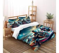 XIKMLSID Housse De Couette Anime Karting Parure De Lit 2 Personnes 3 Pièces Cool Car Housse De Couette avec Taie d'oreiller,100% Coton,Convient Aux Adultes Enfants King（220x240cm）