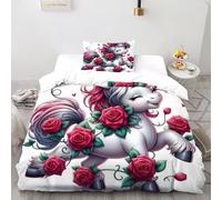 XIKMLSID Housse De Couette Licorne Rose Parure De Lit 1 Personnes 2 Pièces Animaux Mignons Housse De Couette avec Taie d'oreiller,100% Coton,Convient Aux Adultes Enfants Single(135x200cm)