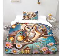 XIKMLSID Lune hibouille Parure 2 Pièces Housse De Couette Animaux Mignons 3D Moderne Haut De Gamme,Convient Aux Adultes Enfants,avec 1 Taies d'oreiller Single（135x200cm）