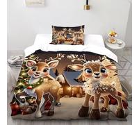 XIKMLSID Noël Rennes 2 Pièces Housse De Couette Animaux Mignons Impression 3D,literie en Microfibre Hypoallergique Convient Aux Adultes Enfants Single（135x200cm）