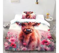 XIKMLSID Vache des Highlands 2 Pièces Housse De Couette Animaux Mignons Impression 3D,literie en Microfibre Hypoallergique 100% Coton Convient Aux Adultes Enfants Single（135x200cm）