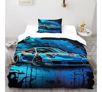XIKMLSID Voiture de Course Bleue Ensemble De Housses De Couette 2 Pièces Hors Route Thème 3D Enfants Jeunes Housses De Couette en Pur Coton Single（135x200cm）