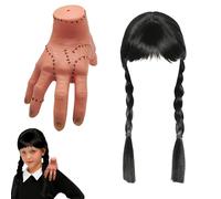 XILEPINGAN Perruque Mercredi avec Mercredi Hand, Perruque de Mercredi avec Frange, Main Mercredi Addams en Latex, Idée Cadeau Fan Addams Family
