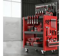 XILYZMO Servante D'Atelier À 3 Niveaux avec Panneau Perforé, Chariot Service Robuste Acier Au Carbone Roues Silencieuses À 360°, Organisateur D'Outils Multifonctionnel Établi(E-80x35.5x106.5cm)