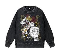 Ximman JJBA Anime Sweatshirt Giorno Giovanna Rétro Délavé Noir Sweatshirt Kakyōin Noriaki/Jotaro Pull Noir Col Rond Casual Top Anime Tops pour Homme et Femme, Type 7., XL