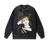 Ximman JJBA Anime Sweatshirt Giorno Giovanna Rétro Délavé Noir Sweatshirt Kakyōin Noriaki/Jotaro Pull Noir Col Rond Casual Top Anime Tops pour Homme et Femme, Type 5, XXL