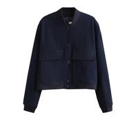 XIMSAN Blouson bomber court boutonné décontracté pour femme avec poches, col montant et manches longues pour printemps et automne, bleu, M