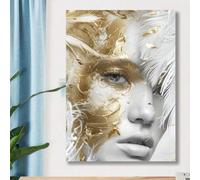 XINBAO Affiches abstraites sur toile représentant un visage féminin - Décoration murale contemporaine et moderne, couleur or et blanc, pour salon, peinture 30 x 45 cm avec cadre