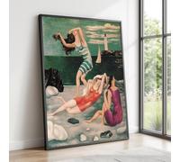 XINBAO Baigneuses par Famous 1918, Toile vintage de bord de mer, Art figuratif classique, Décoration murale côtière, Peinture artistique de scène de plage (80x120cm/cadre intérieur)