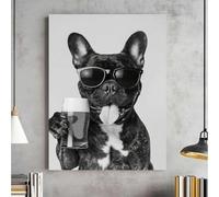 XINBAO Bouledogue et ours, art noir et blanc, impressions de bière, affiche de chien drôle, décoration de chariot de bar, décoration murale de cuisine, images sur toile 30 x 45 cm avec cadre
