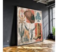 XINBAO Décoration murale western cowboy - Impression sur toile style ferme rustique - Tête de mort, bottes et chapeau de rodéo - Tableau style ranch (20x20cm/cadre intérieur)