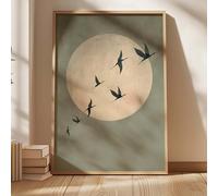 XINBAO Estampe d'art Japandi vert sauge, Oiseaux en vol, Décoration murale, Art solaire, Décoration de salon, Grand format, Peinture japonaise, Décoration de chambre (50 x 70 cm/Cadre intérieur)
