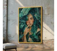 XINBAO Femme aux cheveux verts dans la jungle - Portrait mural - Impression sur toile - Illustration botanique - Affiche et peinture (50 x 70 cm/Cadre intérieur)