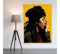 XINBAO Femme urbaine fumant, toile pop art, fond jaune vif, art mural afrocentrique, portrait féminin contemporain (50x70cm/sans cadre)