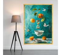 XINBAO Nature morte surréaliste aux agrumes sur toile, citrons flottants et sablier, papillons, bol en porcelaine, peinture murale bleue pour cuisine (50x75cm/sans cadre)