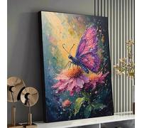 XINBAO Papillon violet sur toile de fleurs roses, art mural floral, peinture d'animaux colorés, décoration intérieure, tableau prêt à accrocher (70 x 100 cm/sans cadre)