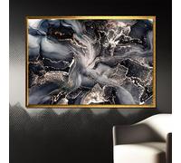 XINBAO Peinture abstraite de luxe sur toile - Tourbillons métalliques bleu profond et or avec éléments cosmiques, affiches et impressions pour la décoration intérieure (60x80cm/cadre intérieur)