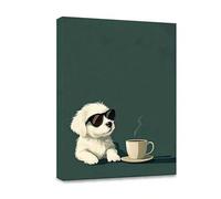 XINBAO Peinture - Décoration murale représentant un chiot à lunettes près d'une tasse à café, illustration canine pour salon, décoration café, toile (50 x 75 cm, cadre intérieur)