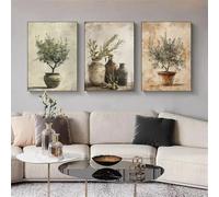XINBAO Peinture sur toile avec branches d'olivier méditerranéennes antiques, plante verte, cuisine rustique, vase élégant, affiche, tableau mural, décoration d'intérieur, 30 x 50 cm, avec cadre